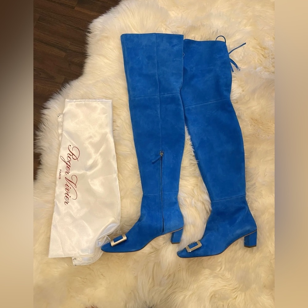Brand New Roger Vivier Women Buckle Boots Over the Knee Blue Suede 37 Rare